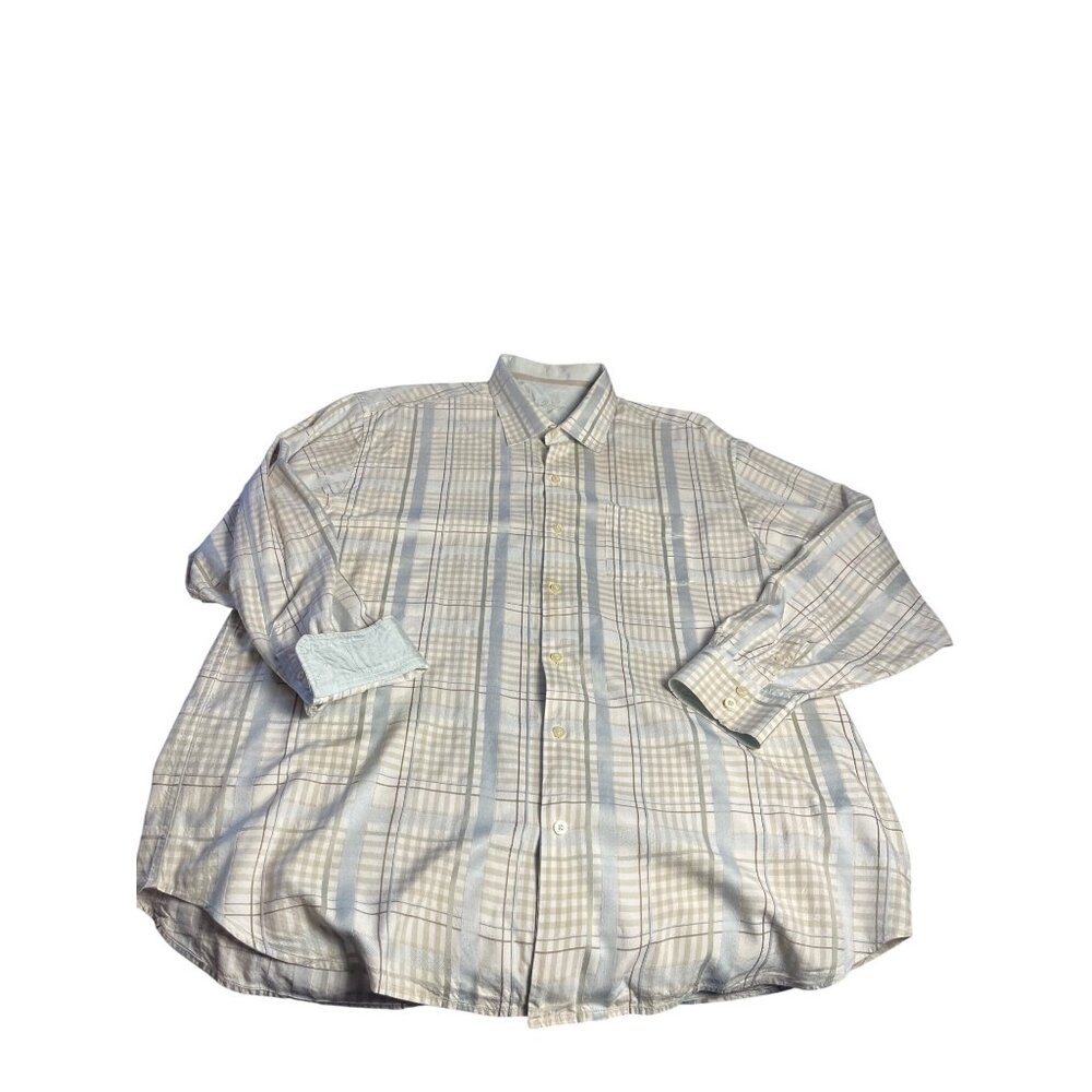 Tommy Bahama XXL 100% Silk Button-Up long sleeve shirt, cream ,tan blue, plaid
